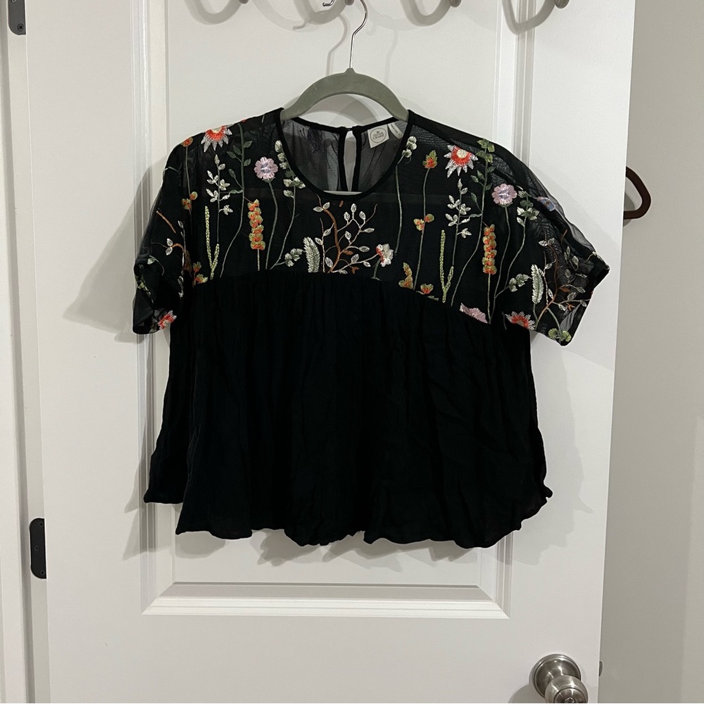 Embroidered black flowy crop top
